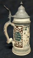 1903 Matthias Girmscheid "Bardolph & Falstaff: He Who Doesn't Want to Pay, May Not Drink" Stoneware 0.5L Beer Stein Mold #419 w Pewter Lid | 10" Tall