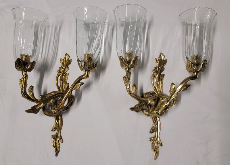 Modern Home Decor Brass Candle Wall Sconces With Blown Glass Globes , Pair . Measures 19.5" tall & 13" wide .