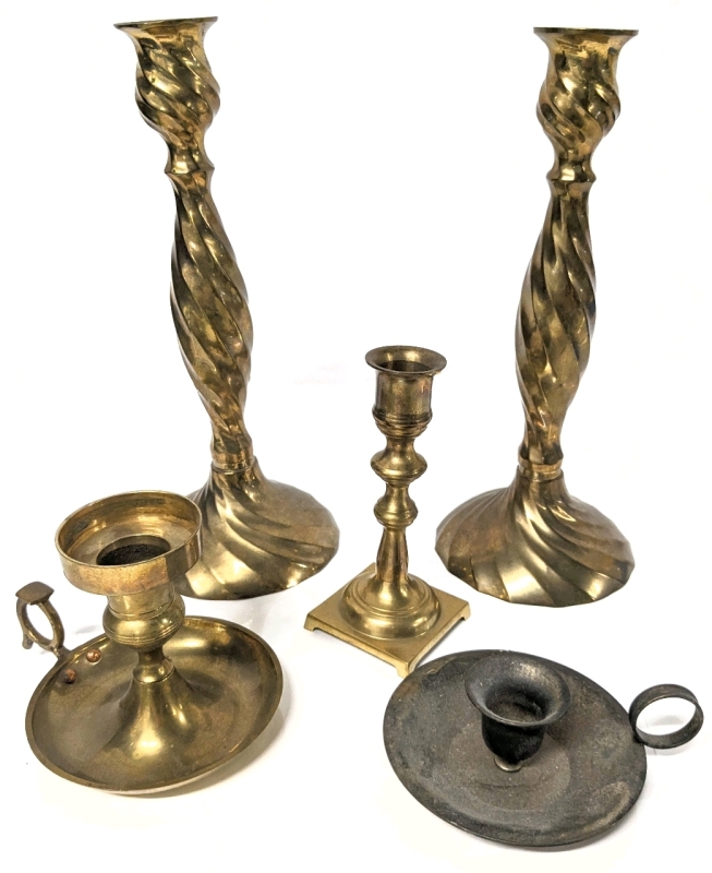 4 Vintage Brass (+1 EP Brass H.B.C) Candlestick Holders | 1.5" - 1" Tall