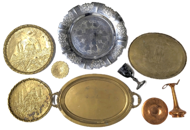 Vintage Foreman-Ware Chromed Brass Tray, Heavy Oval Copper Tray w Etched Garden, Servant & 2 Women, 2 Decorative Copper Turkish Ayasophia Plates, Rogers EP Goblet & Copper Vase w Plate