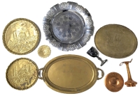 Vintage Foreman-Ware Chromed Brass Tray, Heavy Oval Copper Tray w Etched Garden, Servant & 2 Women, 2 Decorative Copper Turkish Ayasophia Plates, Rogers EP Goblet & Copper Vase w Plate