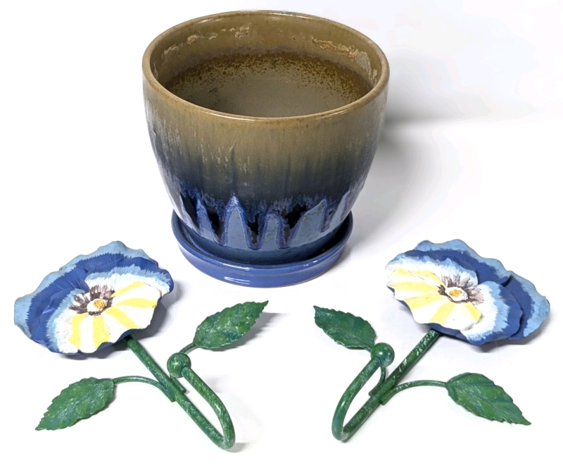 2 Painted Metal & Resin Pansy Flower Wall Hooks (8" Long ea) & Ceramic Drippy-Glaze Plant Pot w Drainage Hole | Pot 5.75" Diameter x 5.15" Tall