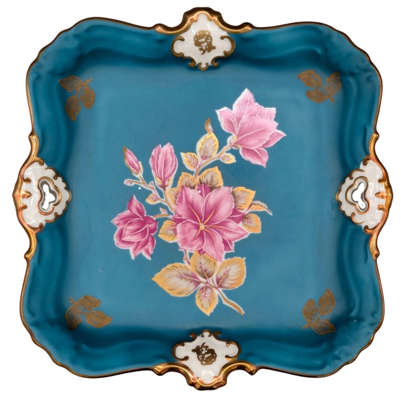 Beautiful J.W.K. Bavaria West Germany 22 Karat Golf & Matte Aqua Blue Floral Porcelain Dish | 7" x 7"