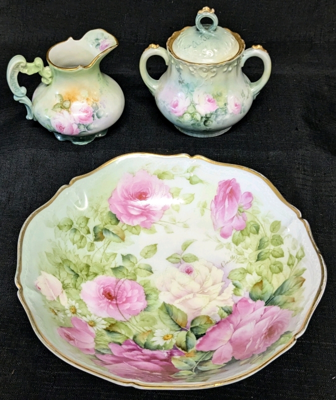 Gorgeous Sage Green, Gold Trim & Roses | Large Bavaria Camello Bowl & Austrian Creamer + Sugar Dish w Lid | Bowl 9.5" Diameter x 2.25" Tall