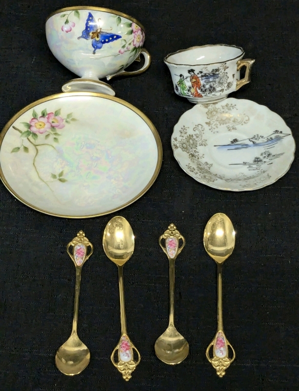 Noritake Japan Luster Ware Tea Cup & Saucer + Morikawa Demitasse Cup & Saucer + 4 Stainless Japan Spoons