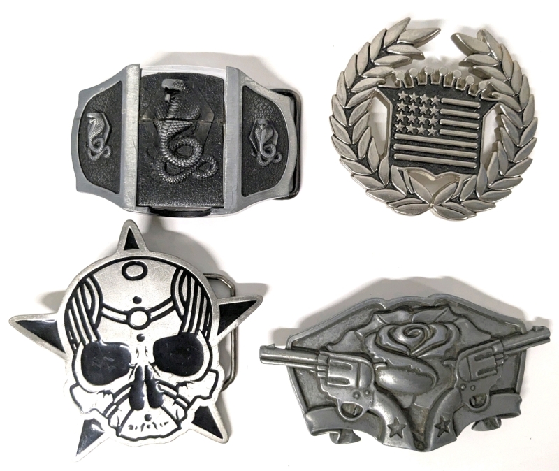 4 Metal Belt Buckles | Famous Stars & Straps #8387 & #8583A, Earth Star Smoking Set Cobra Buckle w Lighter & Solid Pewter Skull | Largest 4" x 4"