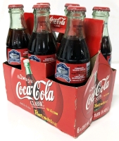 6 Full Vintage Glass Bottles of Coca-Cola Commemorating the Final Leafs Game at Maple Leaf Gardens February 13, 1999 in Cardboard Carrier