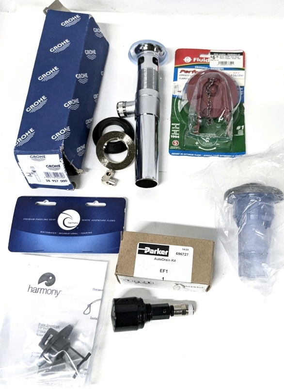 Assorted New & Not Plumbing Supplies : Drains, Plugs + Harmony Inflatable Raft Drain Plug Kit
