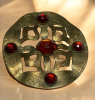 Victorian Cut Through Brass Repousse Amber Lucite Cab Sash Pin