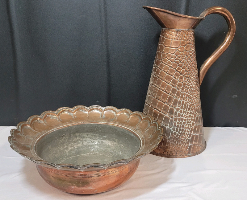 Hammered Copper Water Pitcher & Bowl . Pitcher measures 13" tall & Bowl measures 11.5" diameter