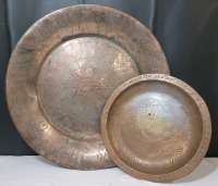 Turkish Copper Wall Art Engraved Tray / Platters . Measures 19.5" diameter & 12" diameter