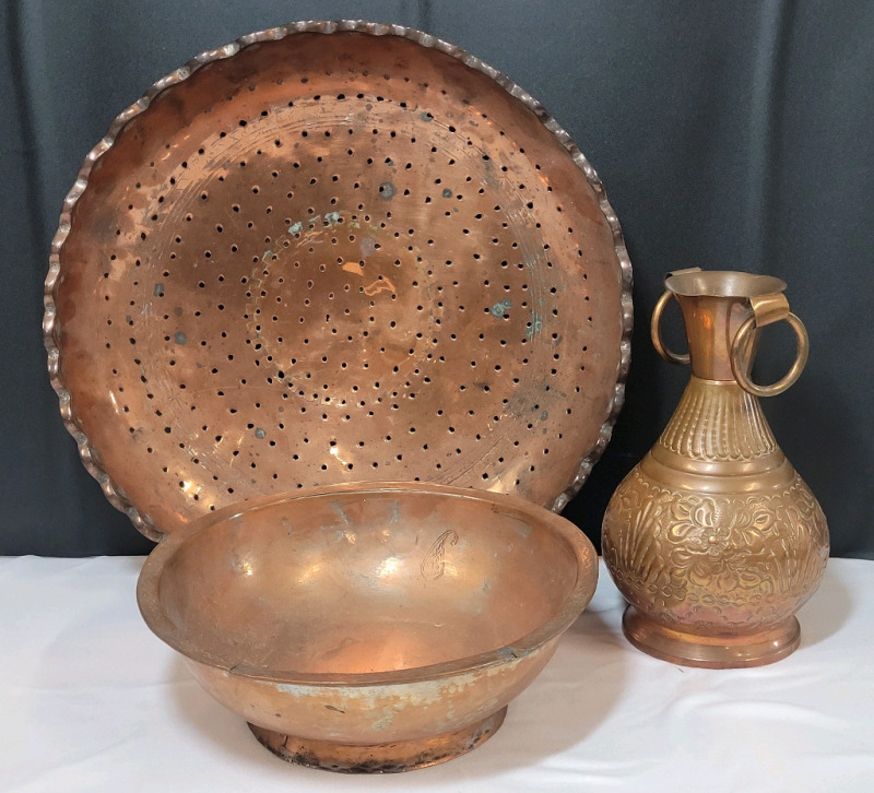 Copper Home Decor Lot . Copper Strainer - 13 1/4" diameter , Copper Bowl - 9" diameter & Copper Vase - 8" tall