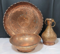 Copper Home Decor Lot . Copper Strainer - 13 1/4" diameter , Copper Bowl - 9" diameter & Copper Vase - 8" tall