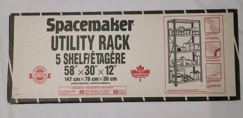 New - SpaceMaker 5-Shelf Utility Rack , measures 58"&times;30"&times;12" when Assembled