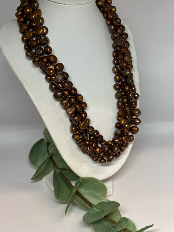 Chocolate 5 Strand Fresh Water Pearl Necklace Torsade Styling