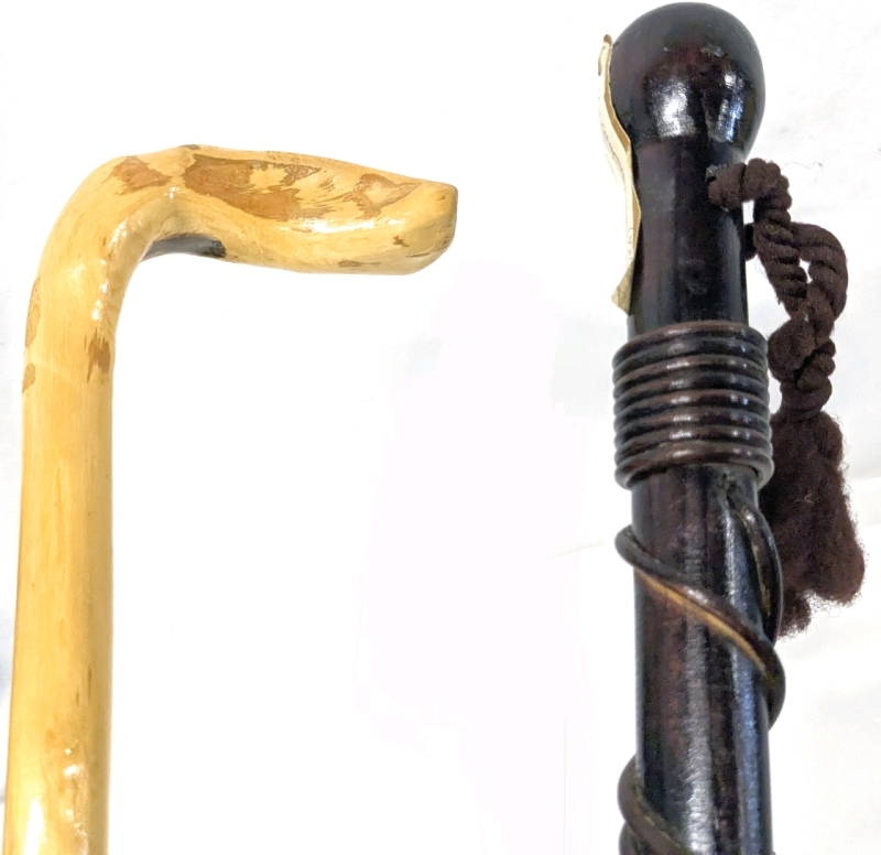 2 Wooden Walking Sticks | 1990 Maori New Zealand (Rotura) 34.5" Long & Signed L.G. "Hank " Howard New Glasgow, NS 38" Long