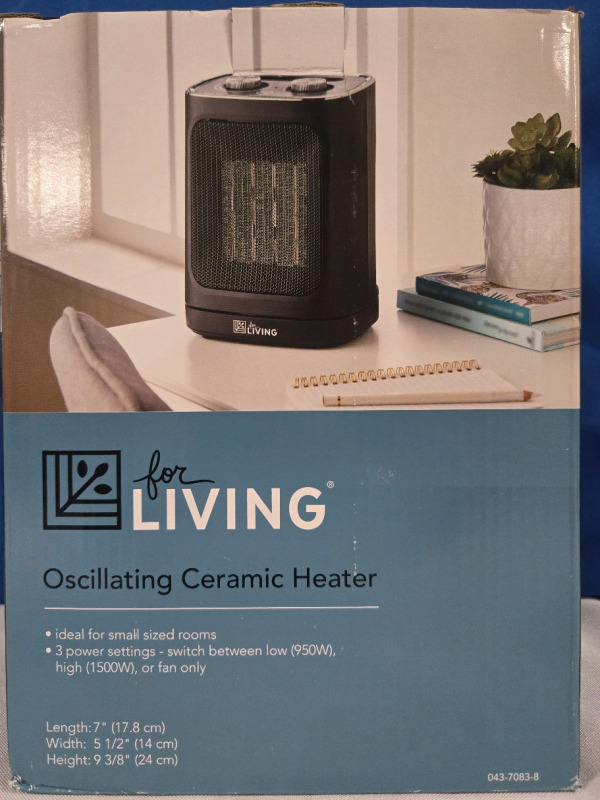 New | For Living Oscillating Ceramic Heater | Ideal For Small Rooms | 3 Power Settings Low, High Or Fan Only ( 950W - 1500 W )