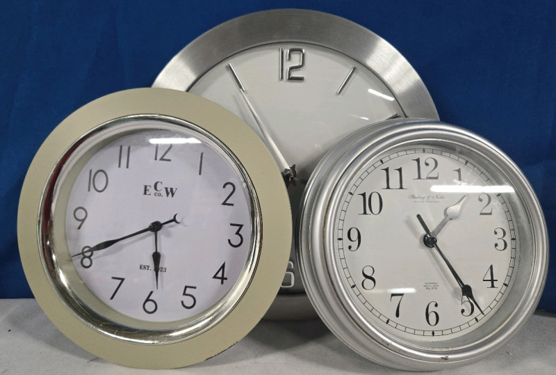 3 Battety Operated Wall Clocks | Ergo, Sterling & Noble, & ECW Branded Clocks Ranging In Size From 8.5" - 12" Diameter * Tested *