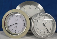 3 Battety Operated Wall Clocks | Ergo, Sterling & Noble, & ECW Branded Clocks Ranging In Size From 8.5" - 12" Diameter * Tested *