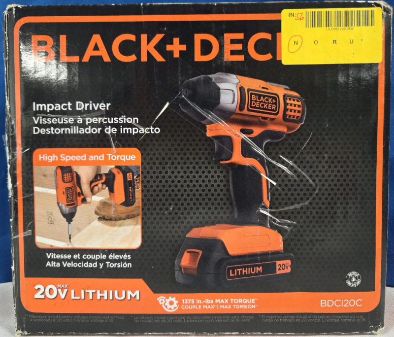 New | Black & Decker 20V Max Cordless Impact Driver With Battery & Charger | Model # BDCI20C * Tested & Working *