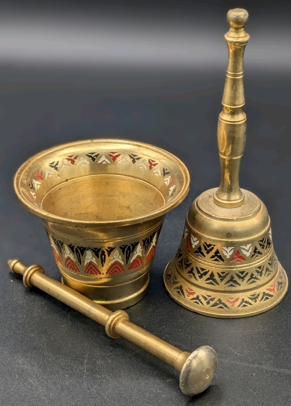 Vintage 3-Piece Matching Enameled Brass Bell, Mortar & Pestle Set | Up to 4.75" Tall