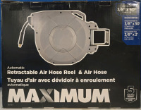 New | Maximum Automatic, Retractable, Plastic 180&deg; Swivel Wall Mounted Air Hose Reel & Air Hose | ⅜" x 50' Capacity * Includes Extra Rubber Air Hose 8' Long | * Retails For $100+ *