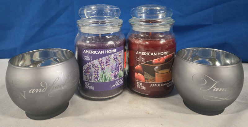 4 Pcs | 2 New 19 Oz Yankee Candles Lovely Lavender & Apple Cinnamon ( Both 6.5" Tall ) | & 2 Metal Candle Holders 3.5" Tall