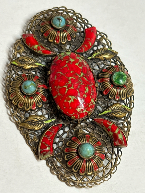 Czech Vintage Brooch Filigree Red & Turquoise Glass Set Cabochons