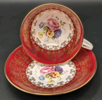 Royal Stafford Bone China Red & Gold Floral Bouquet Tea Cup & Saucer