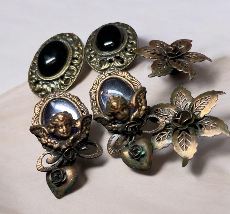 Statement Unique Vintage Clip On Earrings Cherub Purple Cabs Copper Filigree