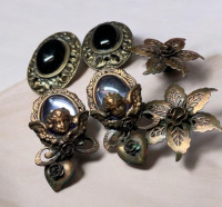 Statement Unique Vintage Clip On Earrings Cherub Purple Cabs Copper Filigree