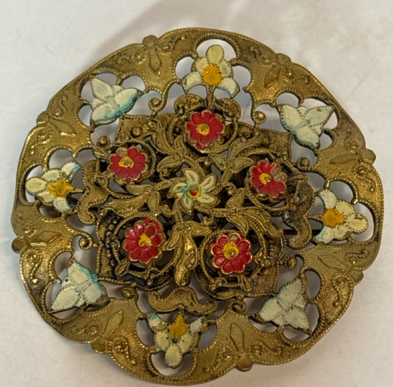Czech Gilt Enamel Open Cut work Gilt Antique Brooch