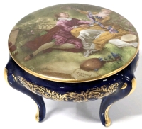 Small LIMOGES Porcelain Artistique F.M. France Fragonard Footed Trinket Lidded Dish Cobalt Blue Courting Scene | 2.15" Diameter x 1.75" Tall