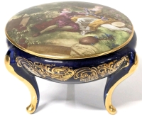 Large LIMOGES Porcelain Artistique F.M. France Fragonard Footed Trinket Lidded Dish Cobalt Blue Courting Scene | 4.25" Diameter x 3" Tall