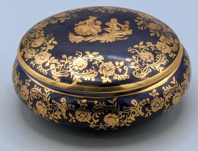 Small LIMOGES Cobalt Blue & 22K Gold Porcelain Trinket Box w Courting Couple | 2.75" Diameter x 1.25" Tall