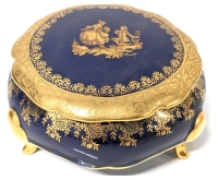 Large LIMOGES Impéria Cobalt Blue & 22K Gold Porcelain Footed Trinket Box w Courting Couple | 4.75" Diameter x 3.15" Tall