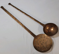 Vintage Turkish Handmade Copper Ladle & Copper Fry Strainer . Measures 15.5" & 17 1/4" long