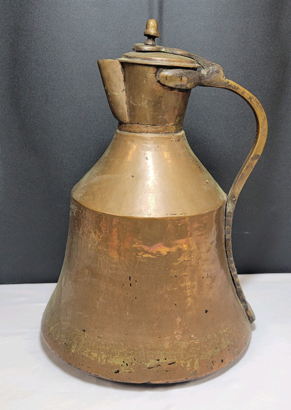 Vintage Turkish Hand Hammered Copper & Brass Lidded Pitcher Pot , Large Jug . Measures 14 3/4" tall & 10" diameter