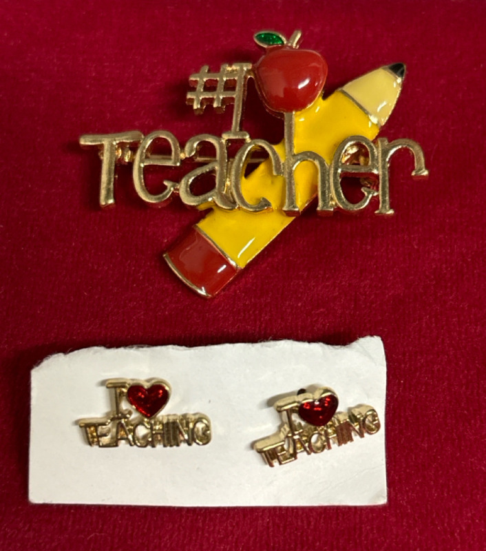 # 1 Teacher Brooch Mother of Pearl Rhinestones Enamel Cross Stich Pendant plus