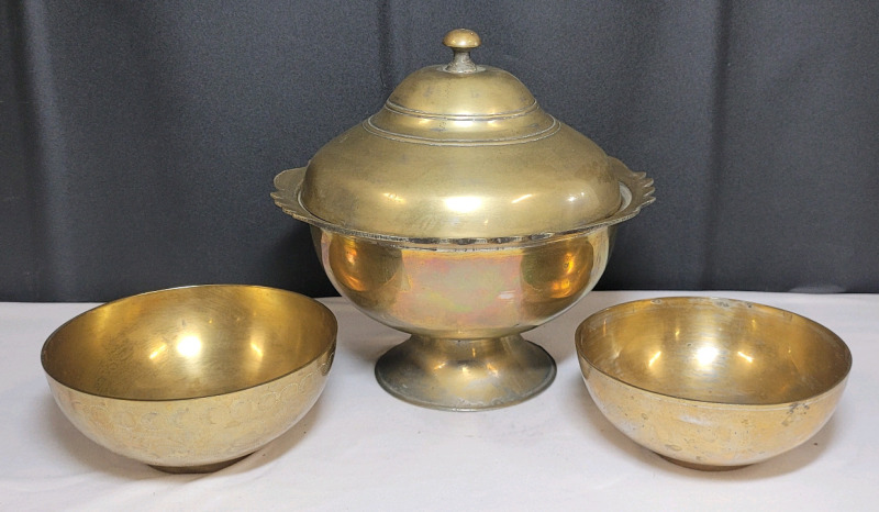 Brass Bowl with Lid , 8" tall and 8" diameter & Two (2) Engraved Brass Bowls