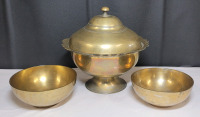 Brass Bowl with Lid , 8" tall and 8" diameter & Two (2) Engraved Brass Bowls