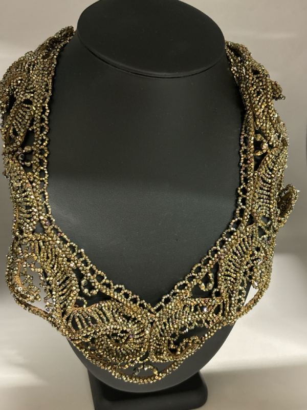 Statement OLD GOLD Lace Necklace Beaded Tatting Collar Necklace