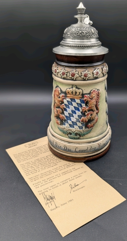 Beyer West Germany Handpainted Bavarian Anthem Tankard Stoneware Beer Stein w History Sheet | 9.75" Tall