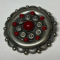 Signed Italy Sardinia Red Coral Cab Etruscan revival Brooch Ascoli Piceno