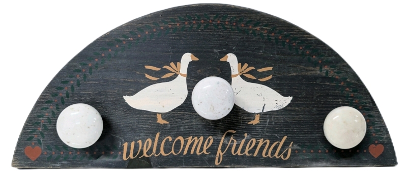 Vintage Folk Art Wooden Goose-Themed Wall-Mounted Hanger with Doorknobs as Hooks | 21.5" x 9" Tall