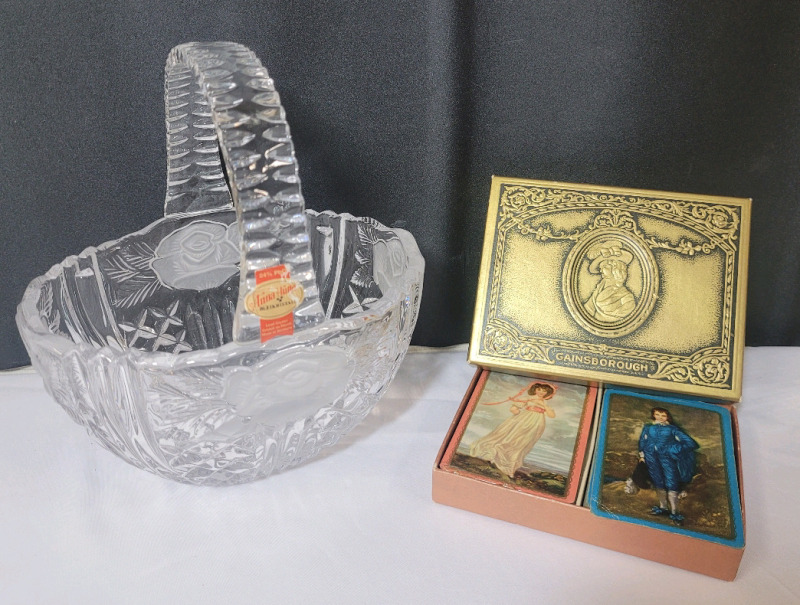 Vintage Gainsborough Blue Boy & Pink Lady Playing Cards (lady cards sealed) plus Anna Hutte Bleikristall Crystal Basket