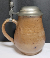 Antique Stoneware Beer Tankard / Mug with Pewter Lid . Primitive RUSTIC Antique Kitchen Decor . Measures 6 1/4" tall