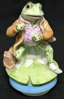 1977 Schmid Beatrix Potter "Mr. Jeremy Fisher" Ceramic Spinning Music Box | Working - Plays "Up a Lazy River" | 7" Tall