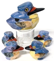 Japan Lusterware Kookaburra / Kingfisher Salt & Pepper Shakers & Small Lidded Jam Jar (Sans Spoon) | Up to 2" Tall