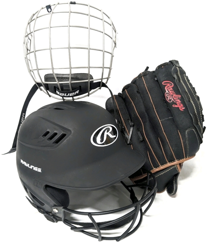 Size 6 7/8 - 7 5/8 | Rawlings MBA Catcher Helmet (R16S-REVB), Size Large Bauer True Vision II (FM2500) & 14" Leather Palm Rawlings Left-Handed Baseball Glove (LH140B)